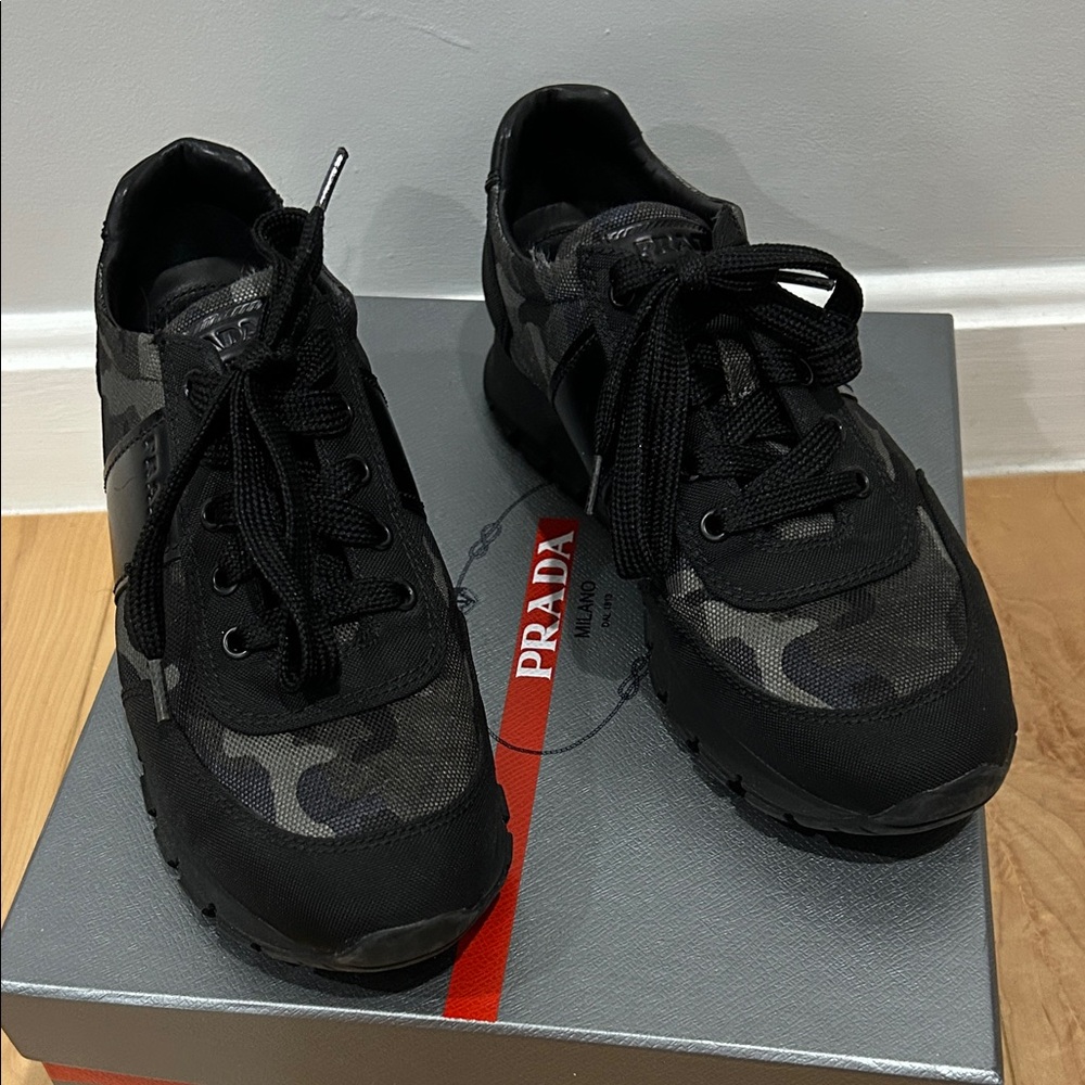Prada Men's Black and Gray Camouflage Sneakers